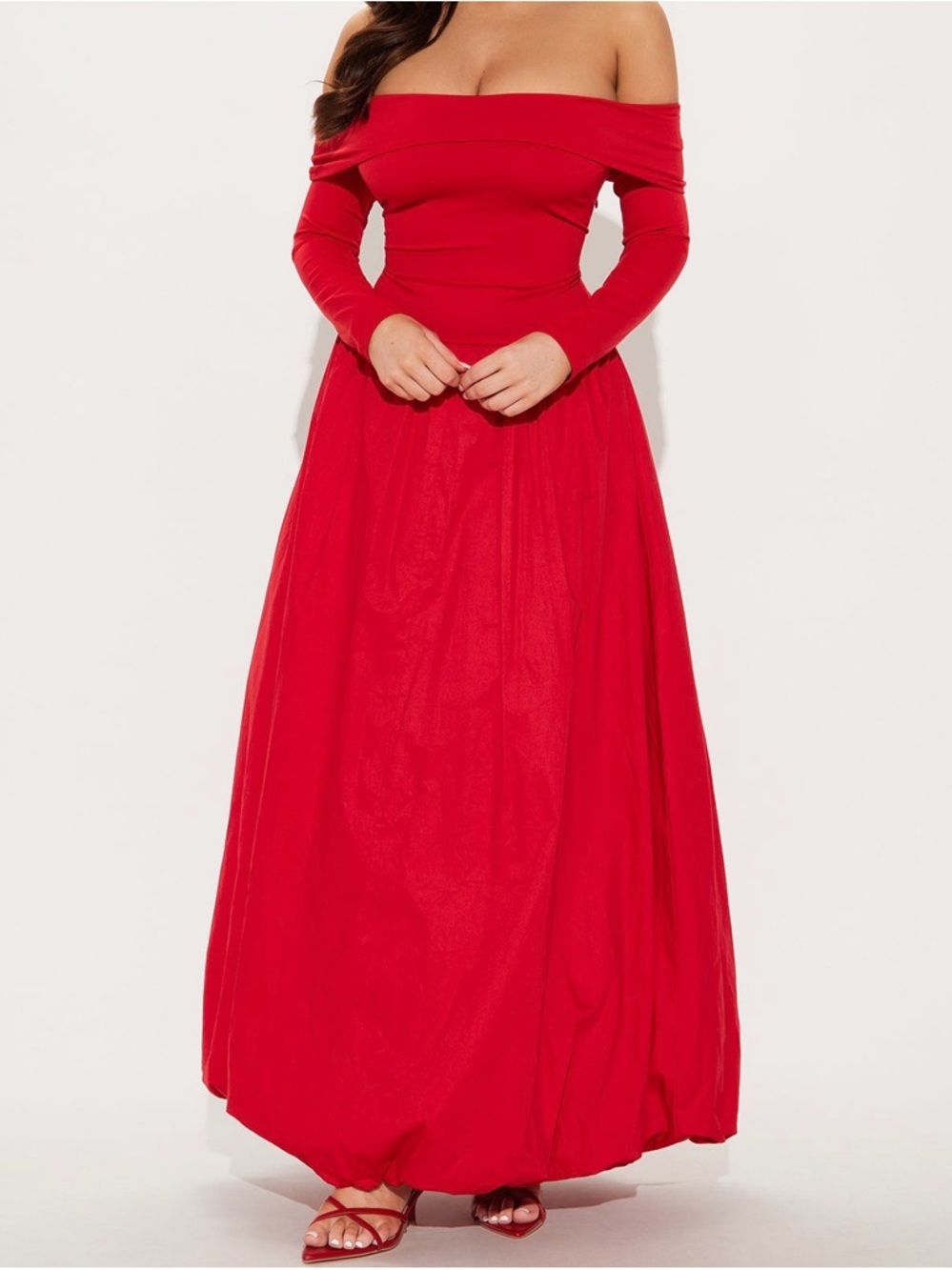 Fashion Nova Red Off-Shoulder Long Sleeve Maxi Dress